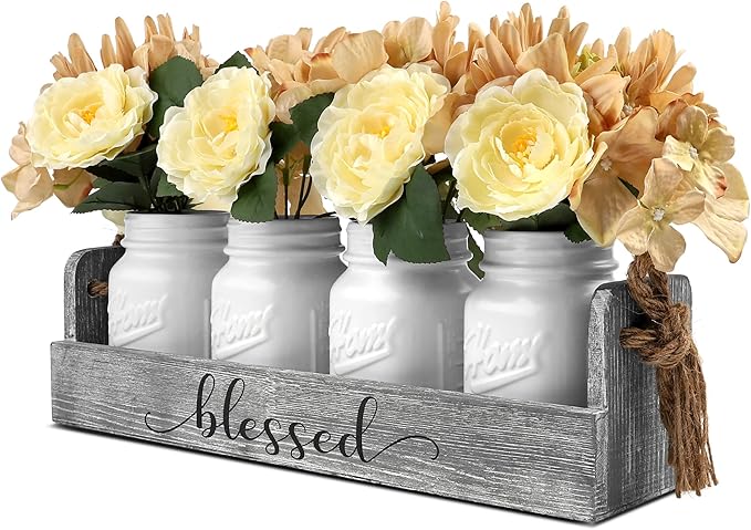 White Mason Jars for Centerpieces-Besuerte Dining Room Table Decor, Modern Farmhouse Wood Tray Decor with Flowers for Coffee Table,Kitchen,Living Room, Home Gift 4 White Jars