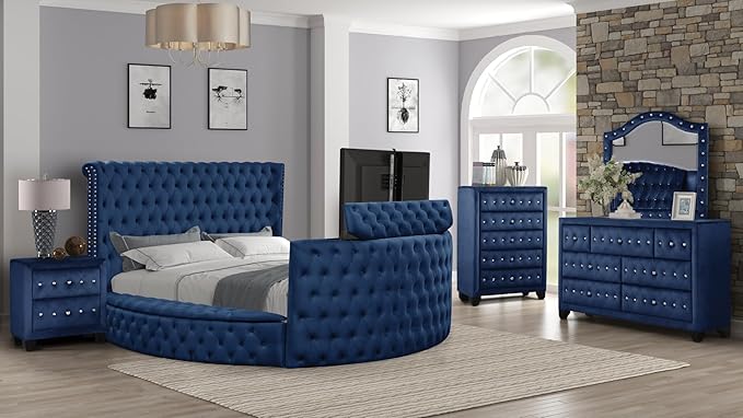 Dapedomal Velvet Circle Bed Frame - Sleigh Bed Frame with TV Lift in Footboard and Storage Side Rails, Luxury Bed Frames with Crystal Tufted, Rolled Headboard & Rivet and USB Chargers