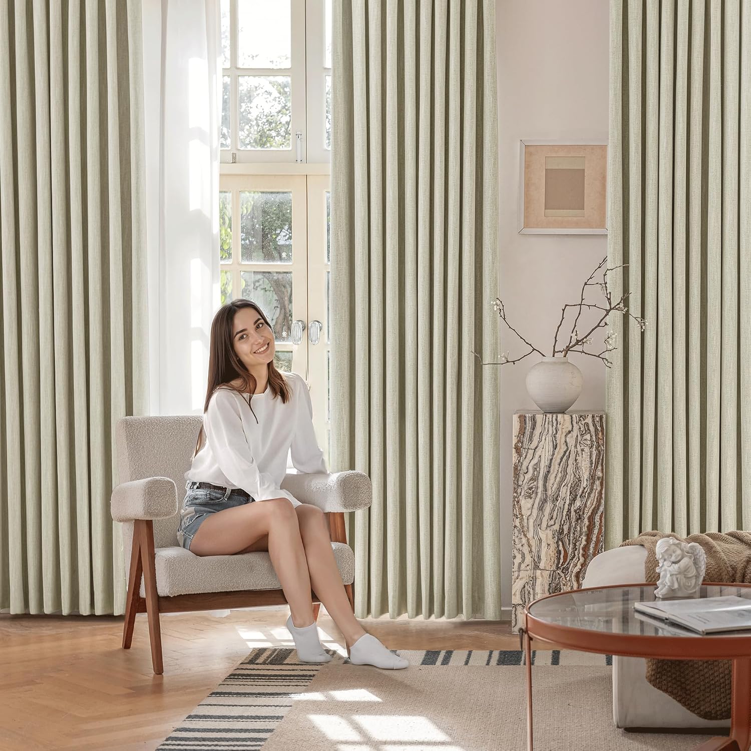 NICETOWN PRO Faux Linen 100% Full Blackout Curtains for Living Room, Camel, Set of 2,40x95 Inches 6cm High Temperature Pleated Back Tab Drapes, Thermal Insulated & Durable, UV Resistant